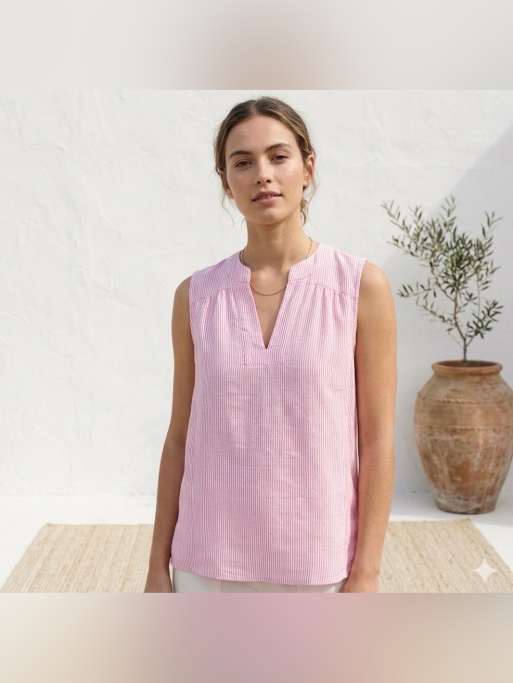 Joules Juliette linen mix top US 10 pinstripes pink white